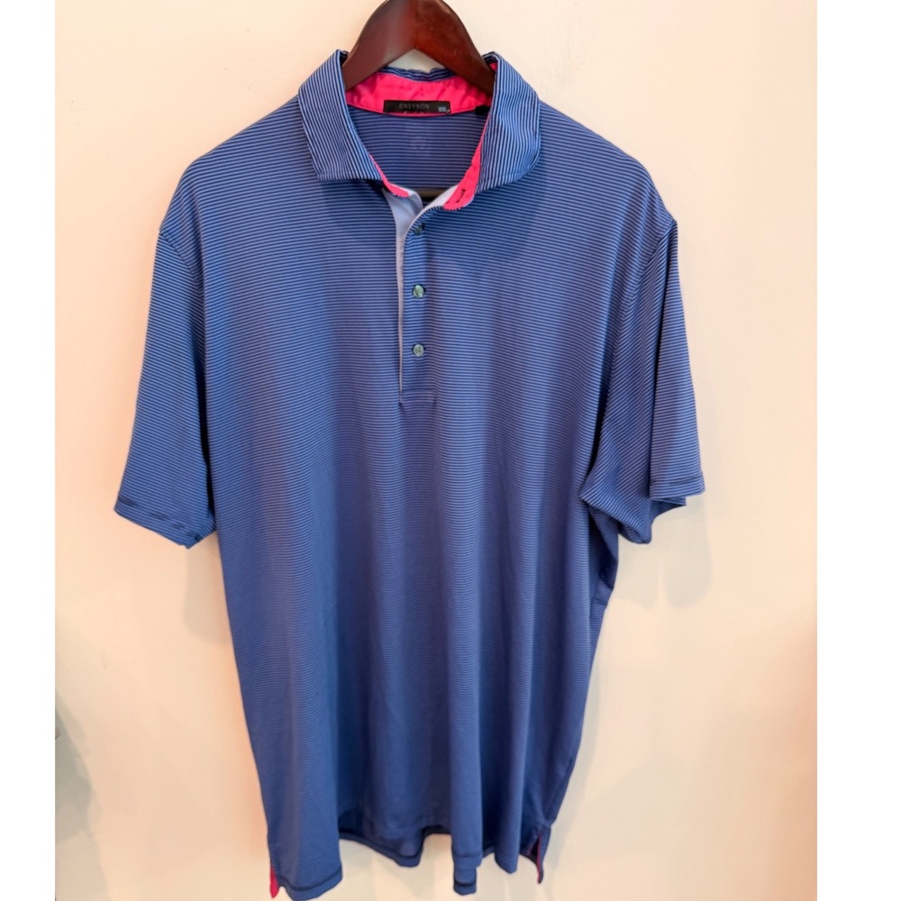 Greyson Men XXL Blue Striped Performance Golf Polo Shirt Pink Contrast Wolf Logo